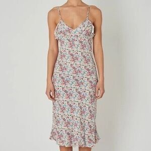 ROLLAS Womens Slip Dress XS Cream Spotted Midi Ruffle Stretch SHELLEY Arabesque